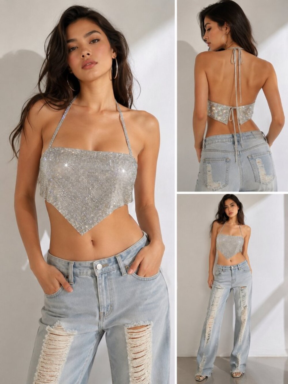 Silver Rhinestone Halter Scarf Top One Size Y2K Club Party Festival Glam